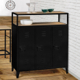 Meuble de bar buffet 3 portes ESTER en métal noir et plateau bois