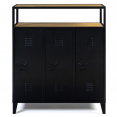 Meuble de bar buffet 3 portes ESTER en métal noir et plateau bois