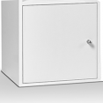 Meuble de rangement cube 9 cases bois blanc avec 3 portes blanches fond gris