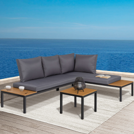 Salon de jardin bas MENDOZA modulable design industriel bois et noir