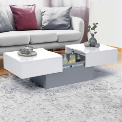 14820 - Tavolino scorrevole bianco e grigio con portaoggetti mini bar integrato Table basse coulissante MARTA bois gris et plateau blanc