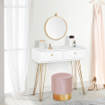 Coiffeuse JODIE 2 tiroirs pieds épingle dorés avec miroir suspendu