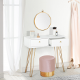 Coiffeuse JODIE 2 tiroirs pieds épingle dorés avec miroir suspendu