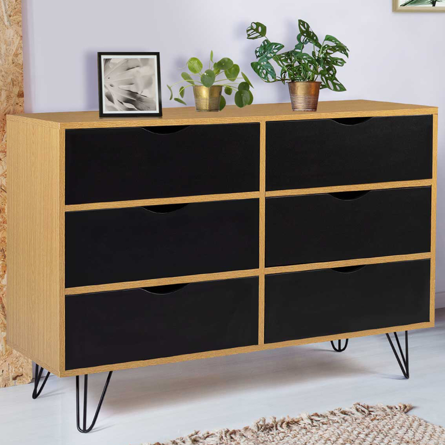 Commode vintage 6 tiroirs bois et noir
