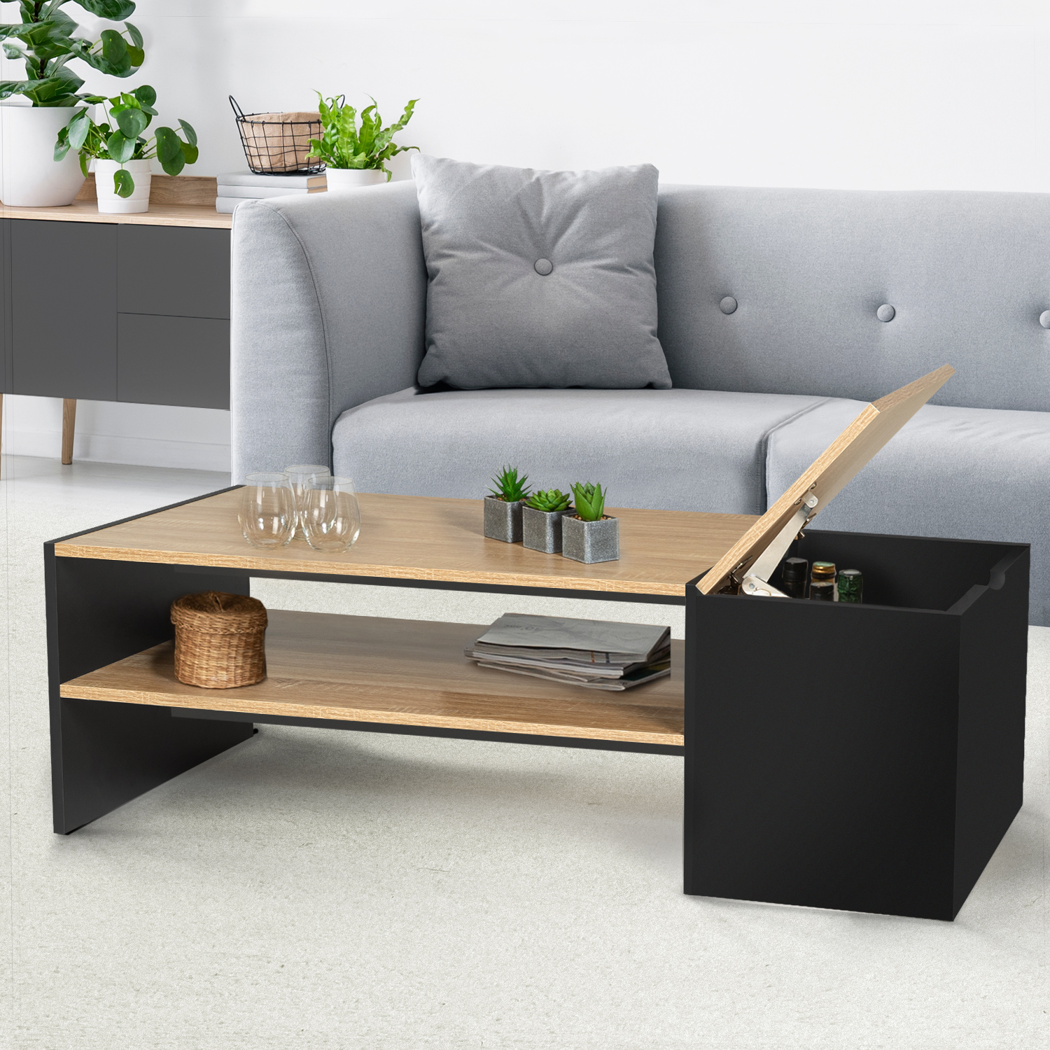Table basse avec bar bois et noir