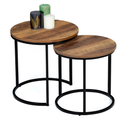 14994 - Set di 2 tavolini rotondi in stile industriale in legno scuro Lot de 2 tables basses gigognes HAWKINS rondes 40/45 effet vieilli design industriel