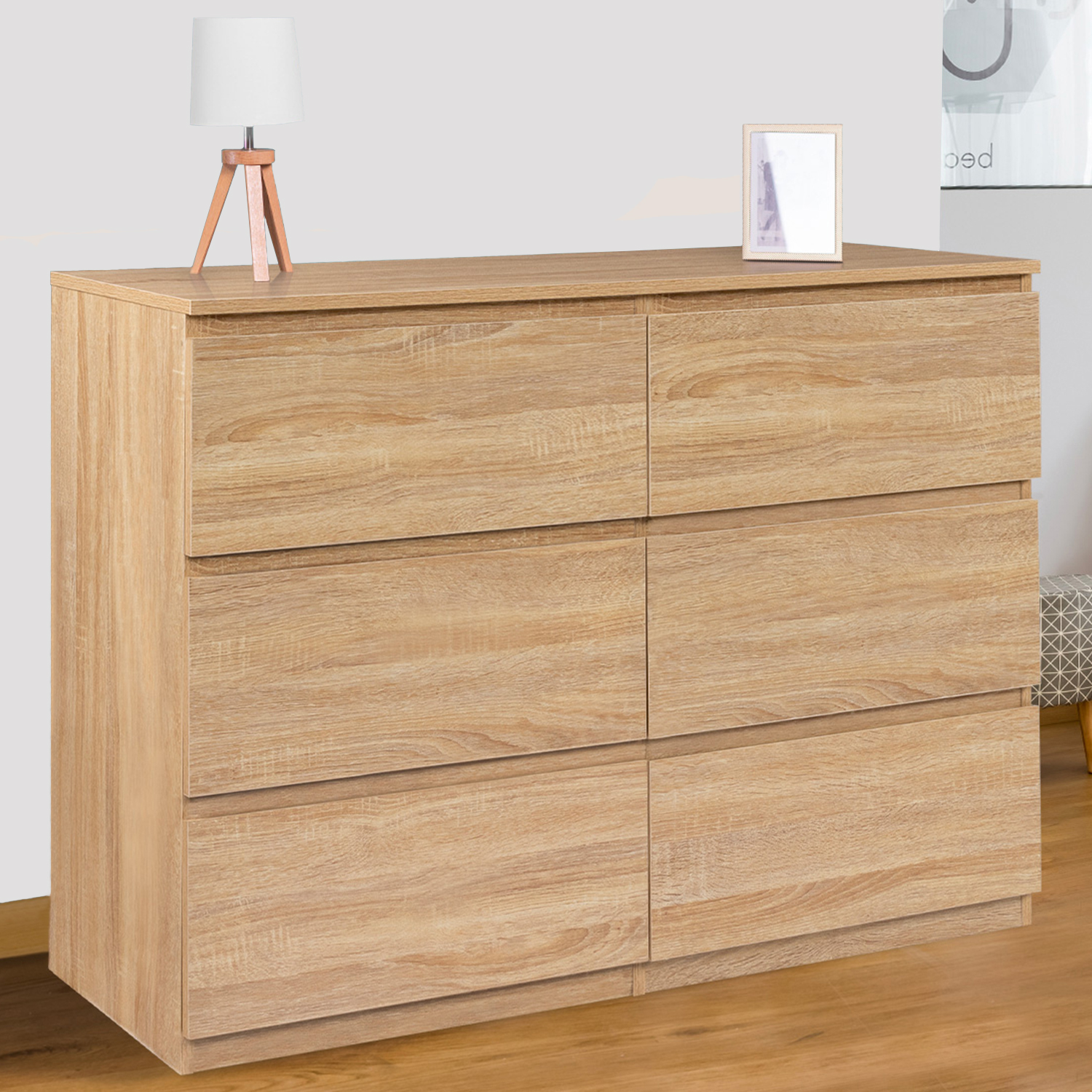 Commode 6 tiroirs bois façon hêtre 110x80 cm