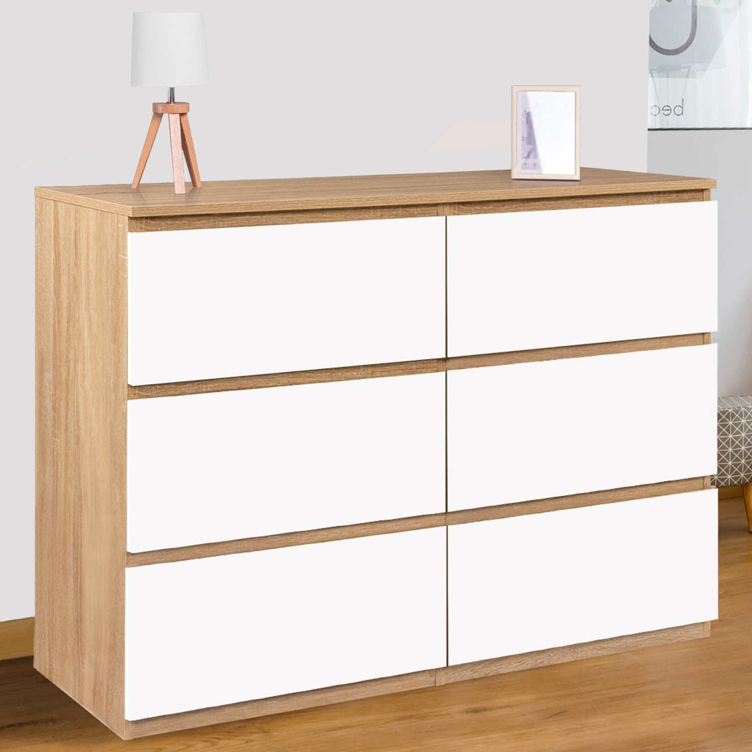 Commode 6 tiroirs blanche et bois façon hêtre