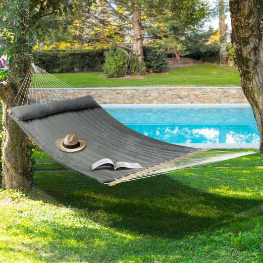 Hamac gris anthracite matelassé suspendu avec coussin et kit de fixation