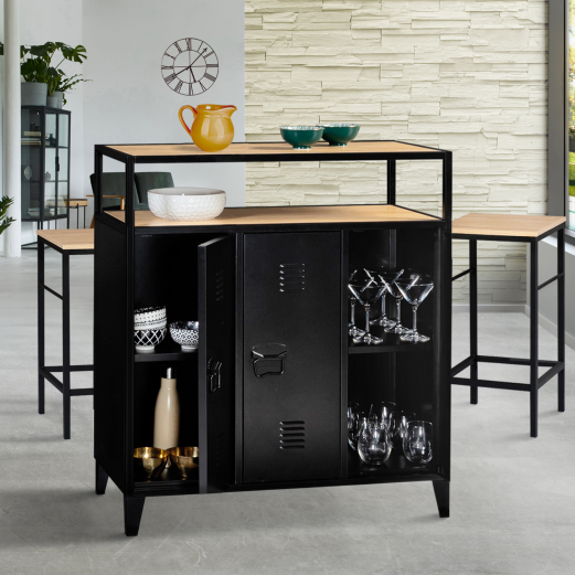 Meuble de bar buffet 3 portes ESTER en métal noir et plateau bois