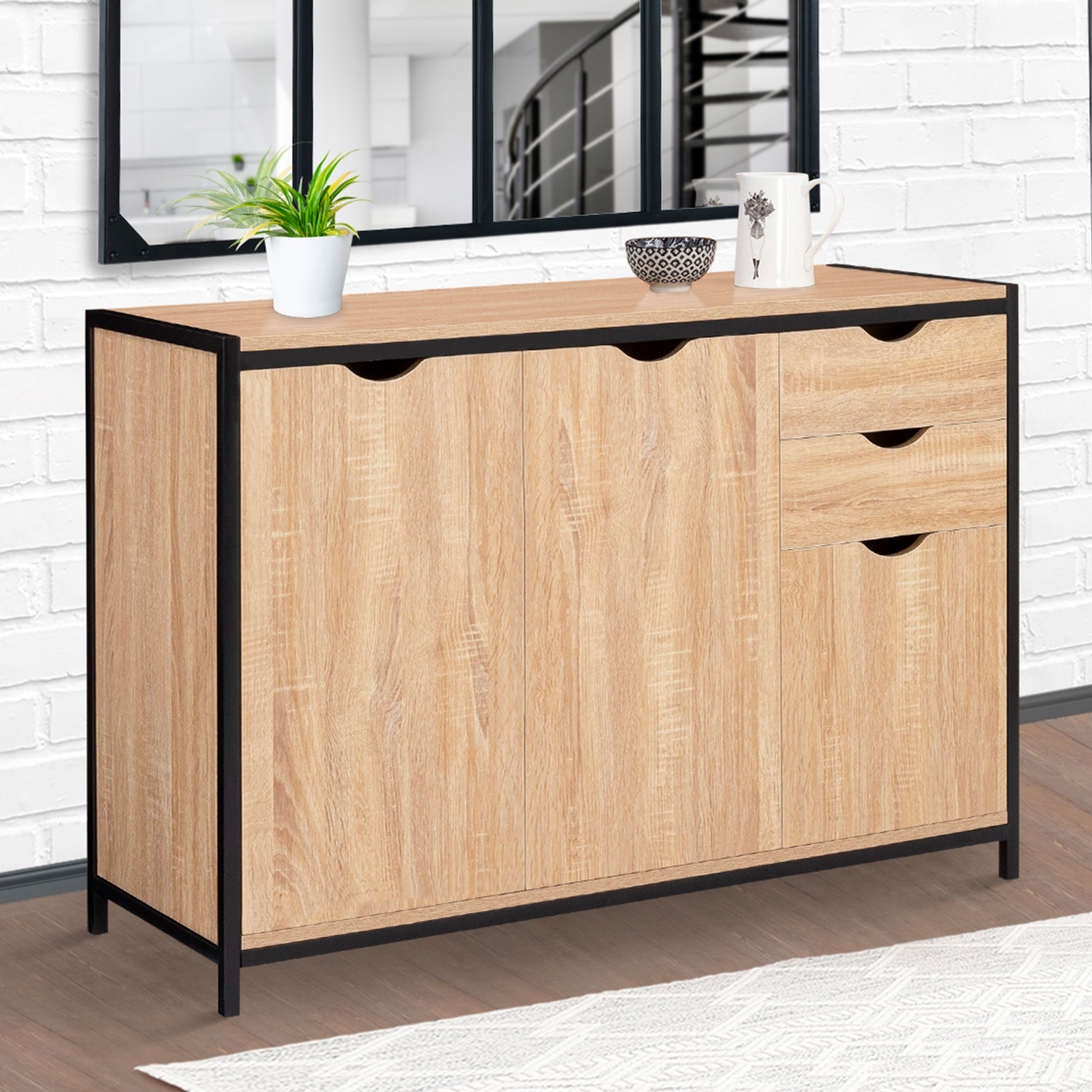 Buffet style industriel bois et métal noir 110 cm