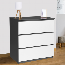 Commode 3 tiroirs TOMI bois blanc et gris