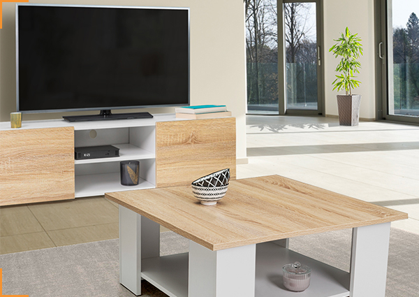 Meuble TV + table basse ELI blanc et portes façon hêtre