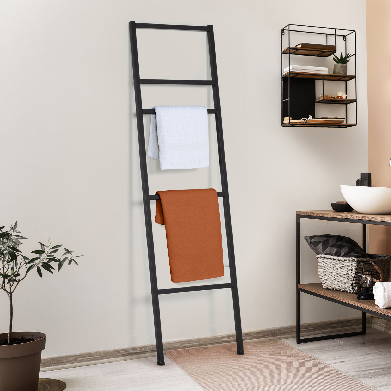 Porte-serviettes échelle pour salle de bain en métal noir