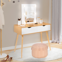 14585 - Tavolino da toilette bianco in stile scandinavo con specchio a LED e cassetti Coiffeuse scandinave 2 tiroirs LIVIA bois et blanc avec miroir LED