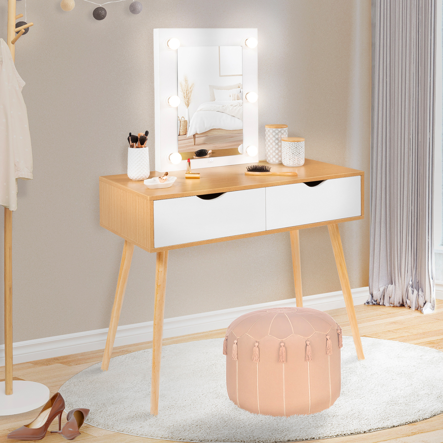 Coiffeuse scandinave blanche et bois avec tiroirs et miroir LED - LIVIA