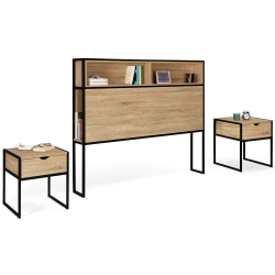 14855 - Testiera industriale da 165 cm con 2 comodini in legno e metallo Tête de lit 165 CM + 2 tables de chevet DETROIT design industriel