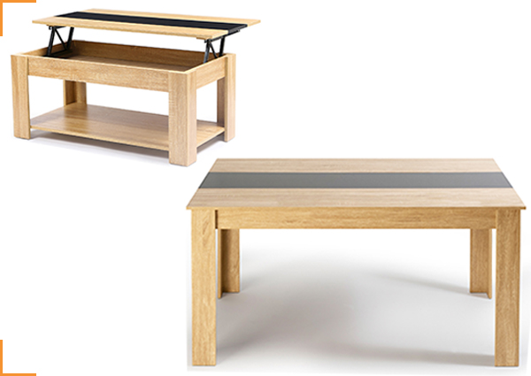 1 table à manger 140 cm + 1 table basse plateau relevable GEORGIA bois façon hêtre et noire