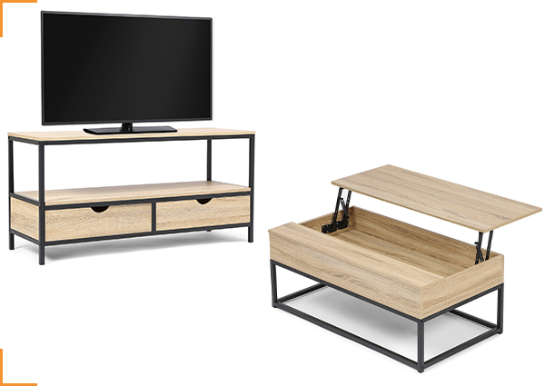 1 meuble TV 2 tiroirs + 1 table basse plateau relevable DETROIT design industriel