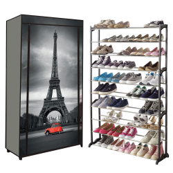 15057 - Étagère range chaussures 50 paires avec housse imprimé Paris 140 cm Étagère range chaussures 50 paires housse imprimé Paris