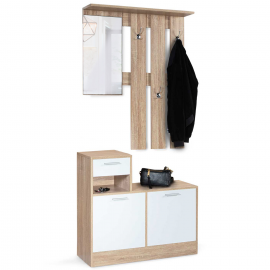 Vestiaire d'entrée avec miroir design hêtre portes blanches Vestiaire d'entrée avec miroir design hêtre portes blanches
