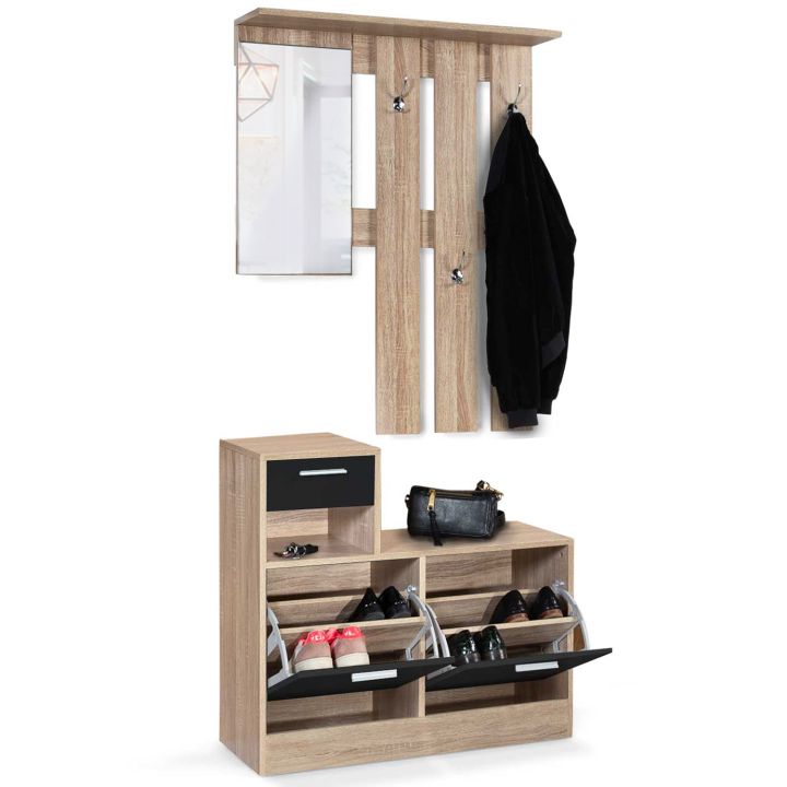 Vestiaire d'entrée avec miroir design hêtre portes noires Vestiaire d'entrée avec miroir design hêtre portes noires