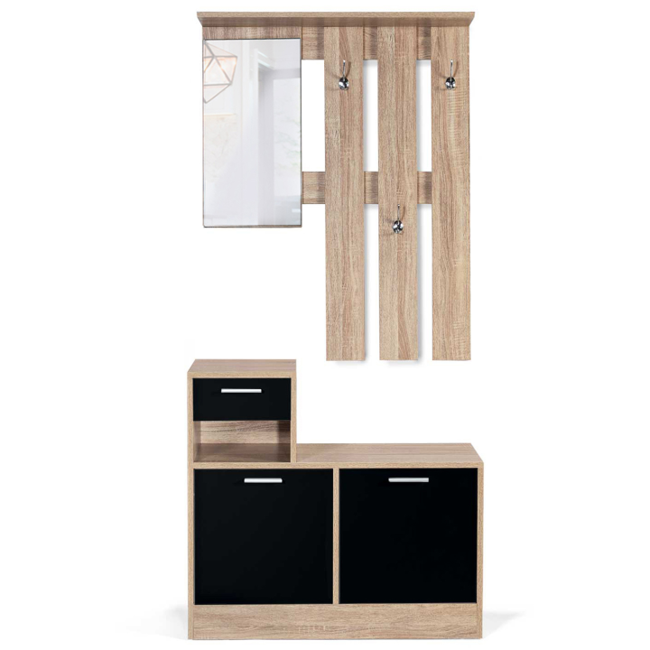 Vestiaire d'entrée avec miroir design hêtre portes noires Vestiaire d'entrée avec miroir design hêtre portes noires
