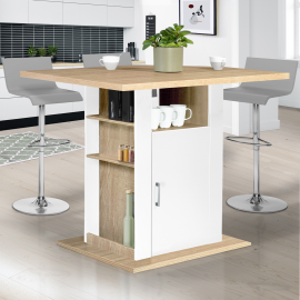 Ilot central UGO 110 cm bois blanc et imitation hêtre avec rangements Ilot central UGO 110 cm bois blanc et imitation hêtre avec rangements
