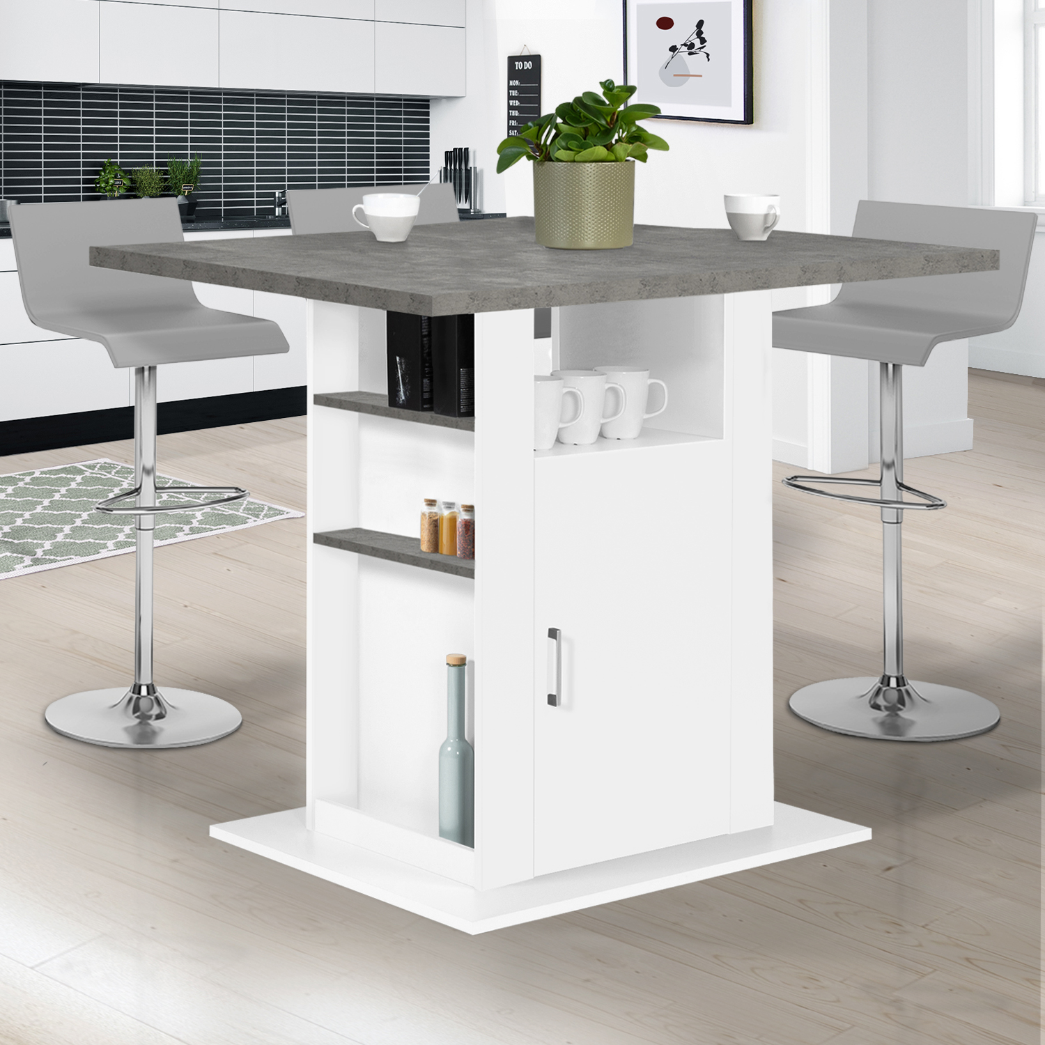 Îlot central cuisine plateau effet béton et bois blanc 110 cm