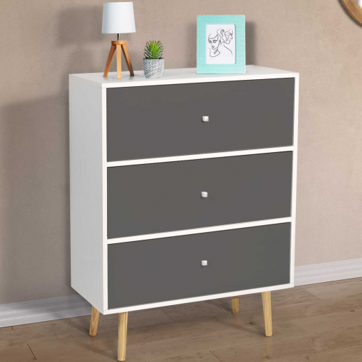 Commode 3 tiroirs EMMIE scandinave bois blanc et gris