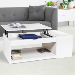 13987 - Wohnzimmertisch mit hochklappbarer Tischplatte weiß Table basse plateau relevable ELEA avec coffre bois blanc