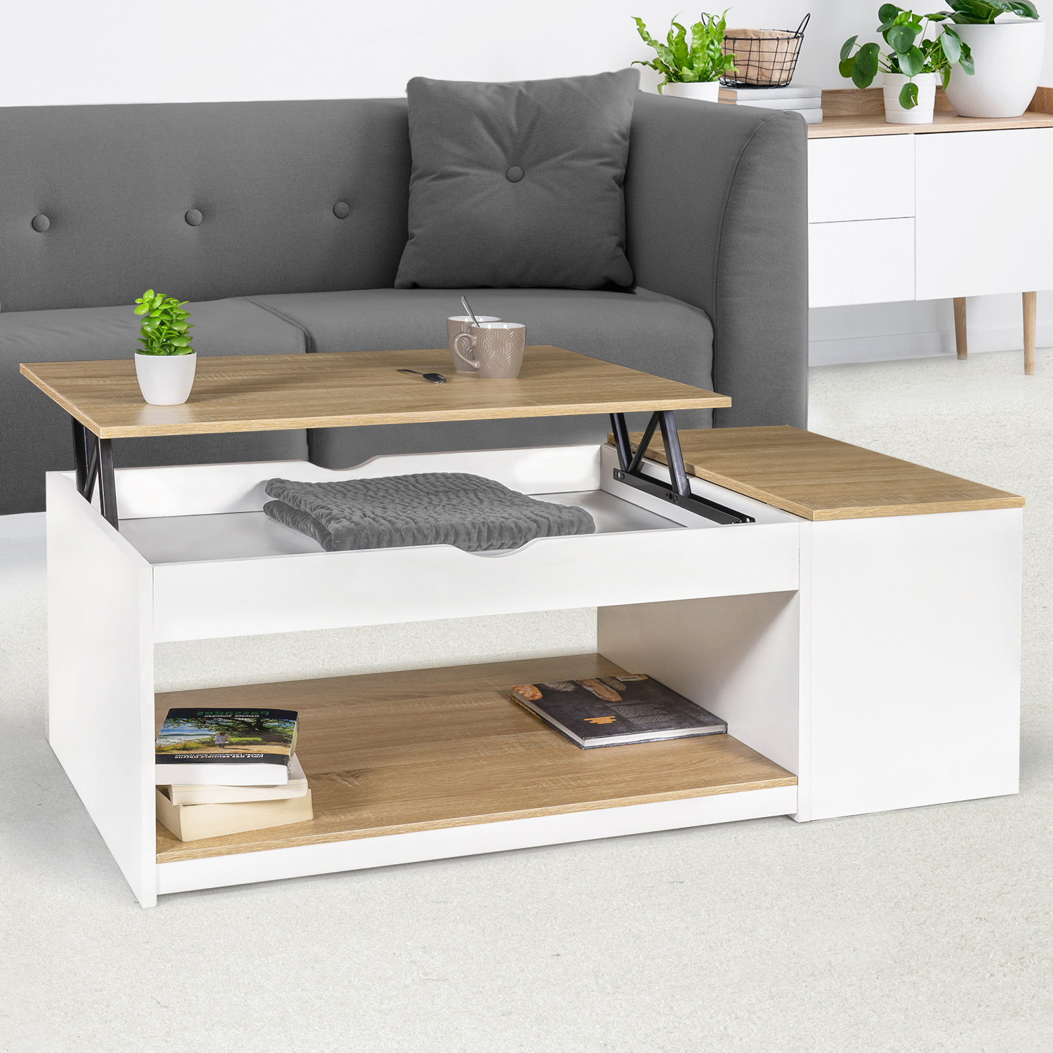 Table de salon avec plateau relevable bois blanc et façon hêtre