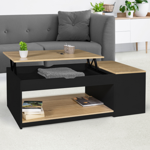 Table basse plateau relevable ELEA avec coffre bois noir et façon hêtre