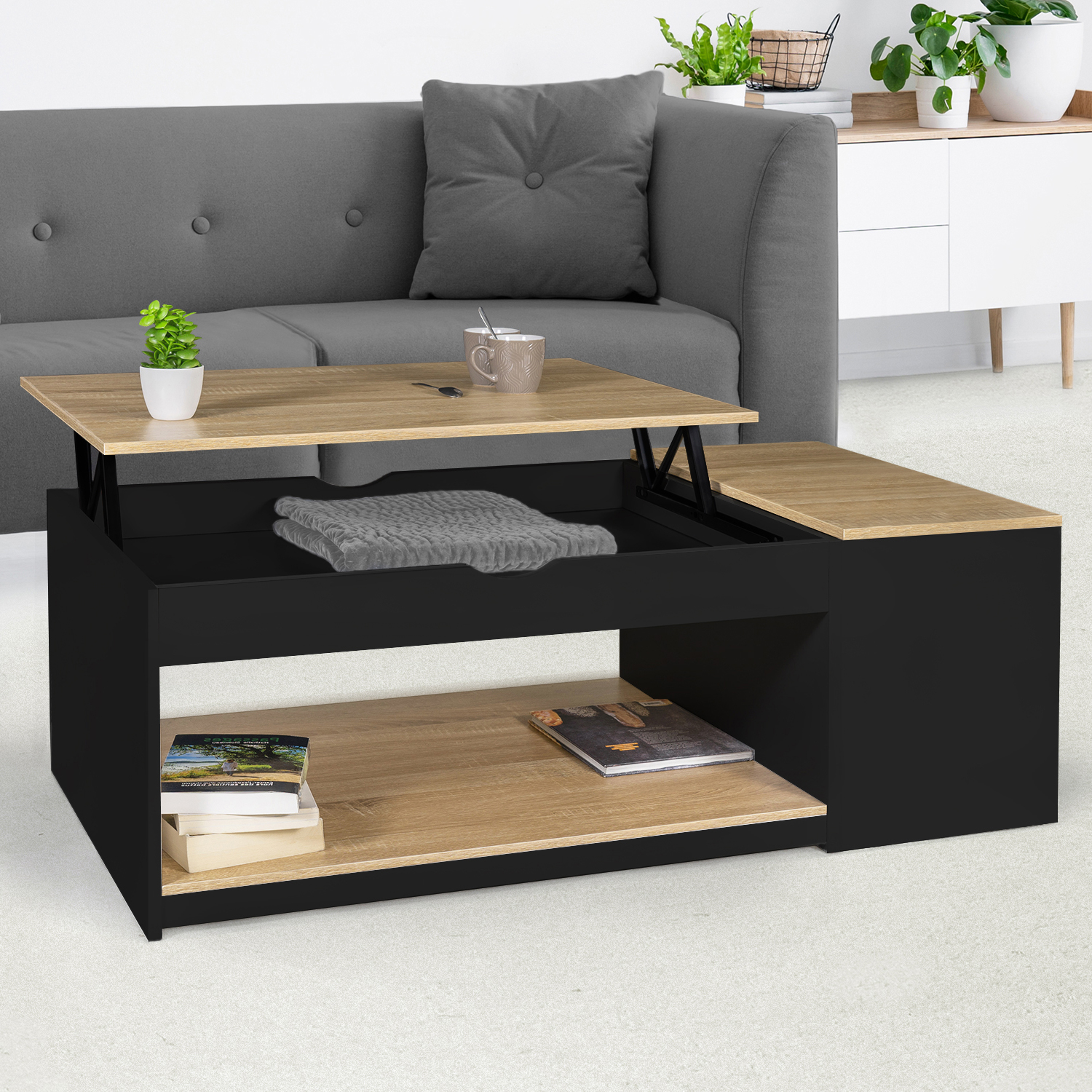 Table basse relevable bois noir et façon hêtre