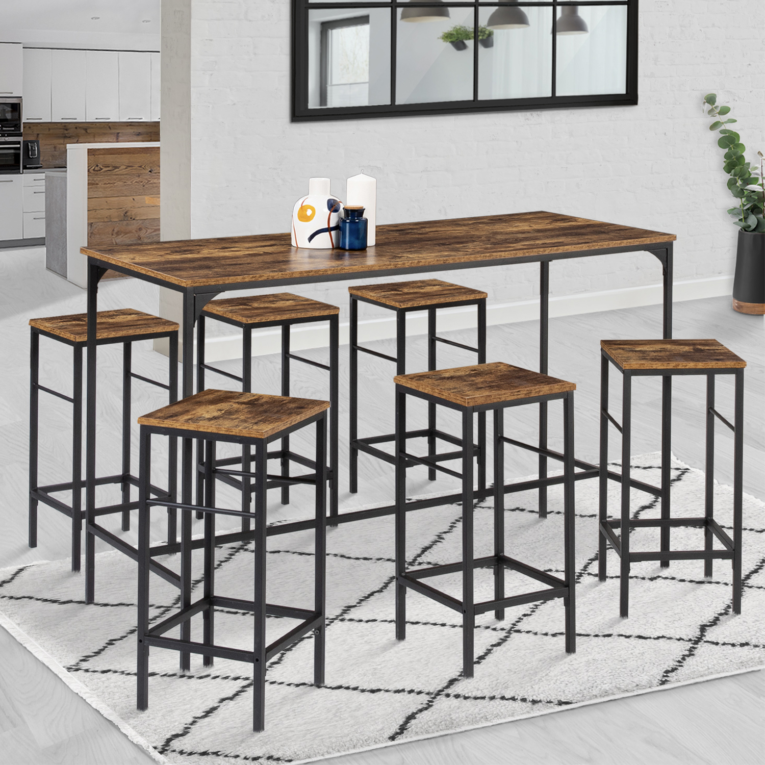 Table haute avec 6 tabourets bois effet vieilli