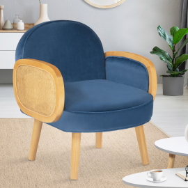 Fauteuil ELINA en velours bleu canard et cannage