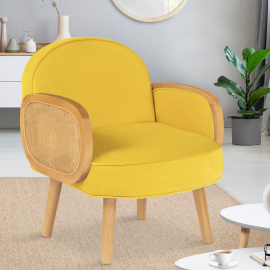 Fauteuil ELINA en velours jaune et cannage