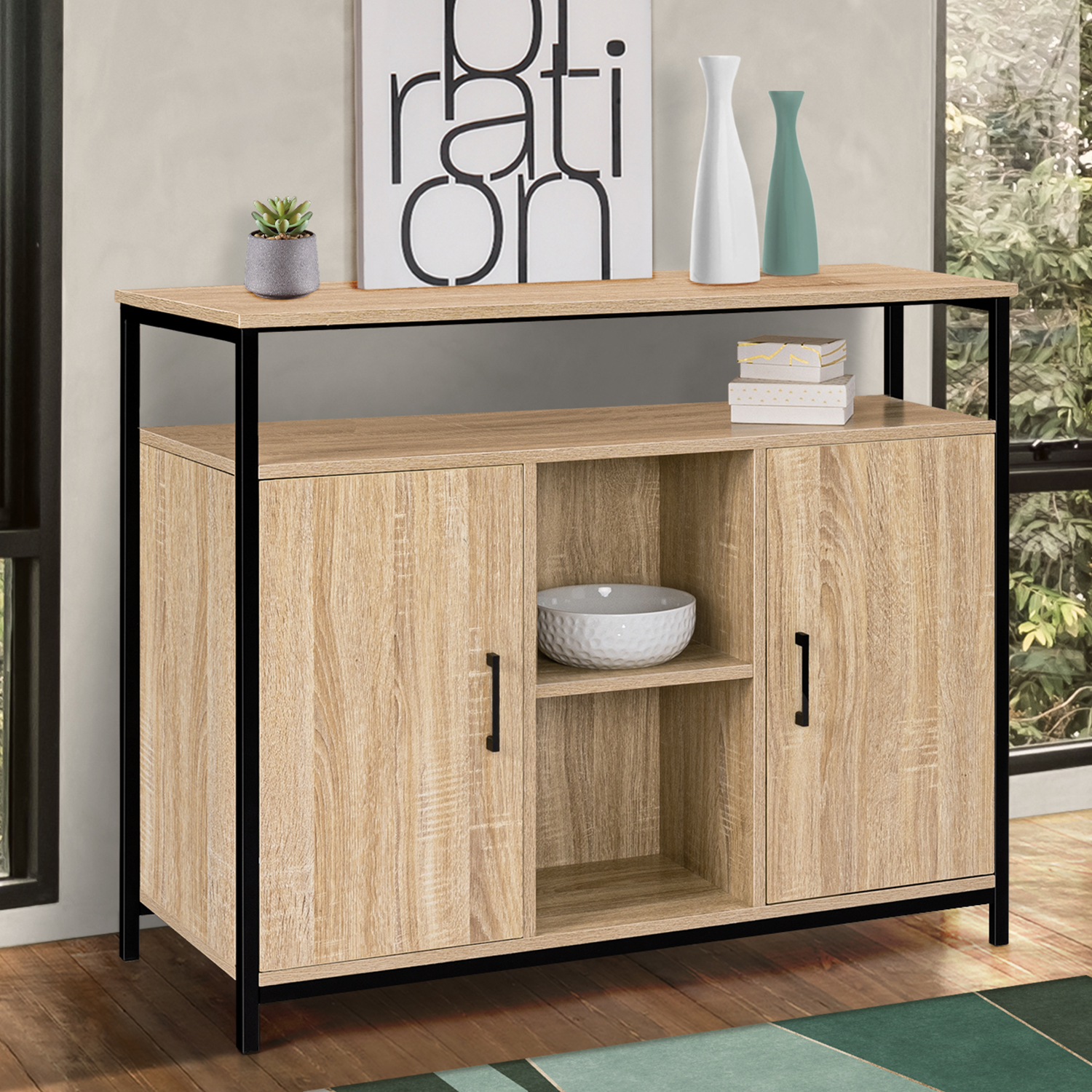 Buffet style industriel avec 2 portes et étagères en bois et métal noir 100 cm