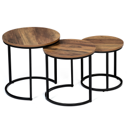15189 - Set di 3 tavolini rotondi in stile industriale in legno scuro Lot de 3 tables basses gigognes HAWKINS rondes 30/40/45 effet vieilli design industriel