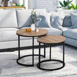 14987 - Set van 2 ronde, industriële salontafels 40/45 cm in hout en metaal Lot de 2 tables basses gigognes DETROIT rondes 40/45 design industriel