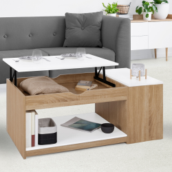 14928 - Tavolino da caffè con piano sollevabile in faggio e bianco Table basse plateau relevable ELEA avec coffre bois façon hêtre et blanc