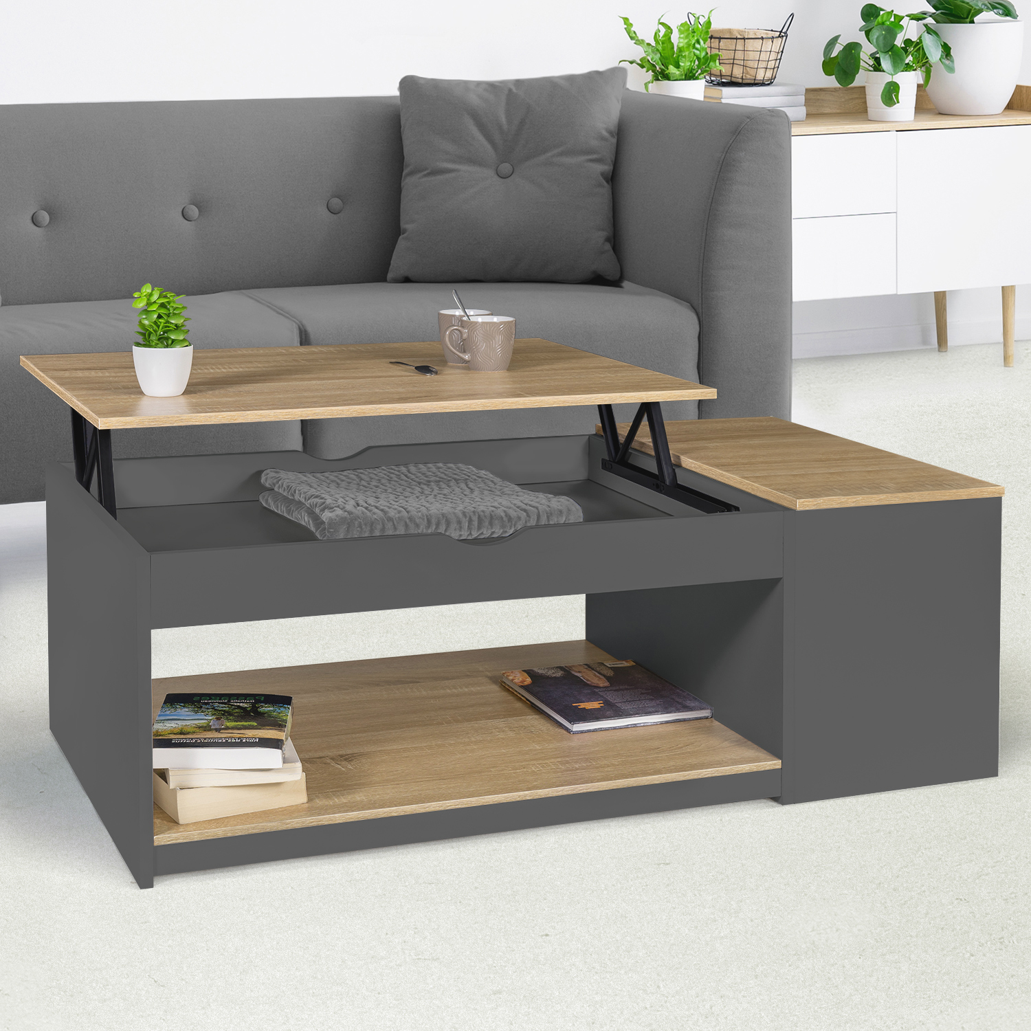 Table de salon avec plateau relevable et coffre bois gris et plateau façon hêtre