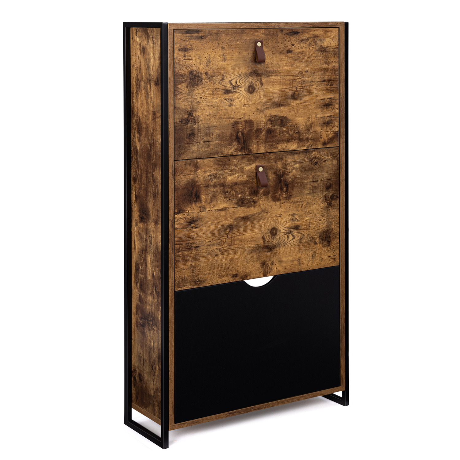 Meuble à chaussures 3 portes effet bois vieilli et noir CHICAGO ID