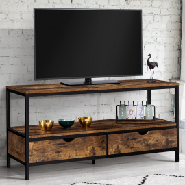 Meuble TV 113 cm DAYTON 2 tiroirs bois effet vieilli design industriel