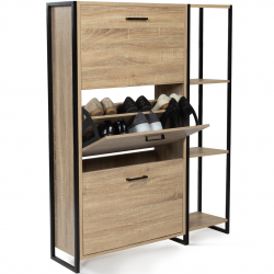 13901 - Armoire à chaussures bois imitation hêtre et métal noir Meuble à chaussures LUIS 3 portes avec étagère design industriel
