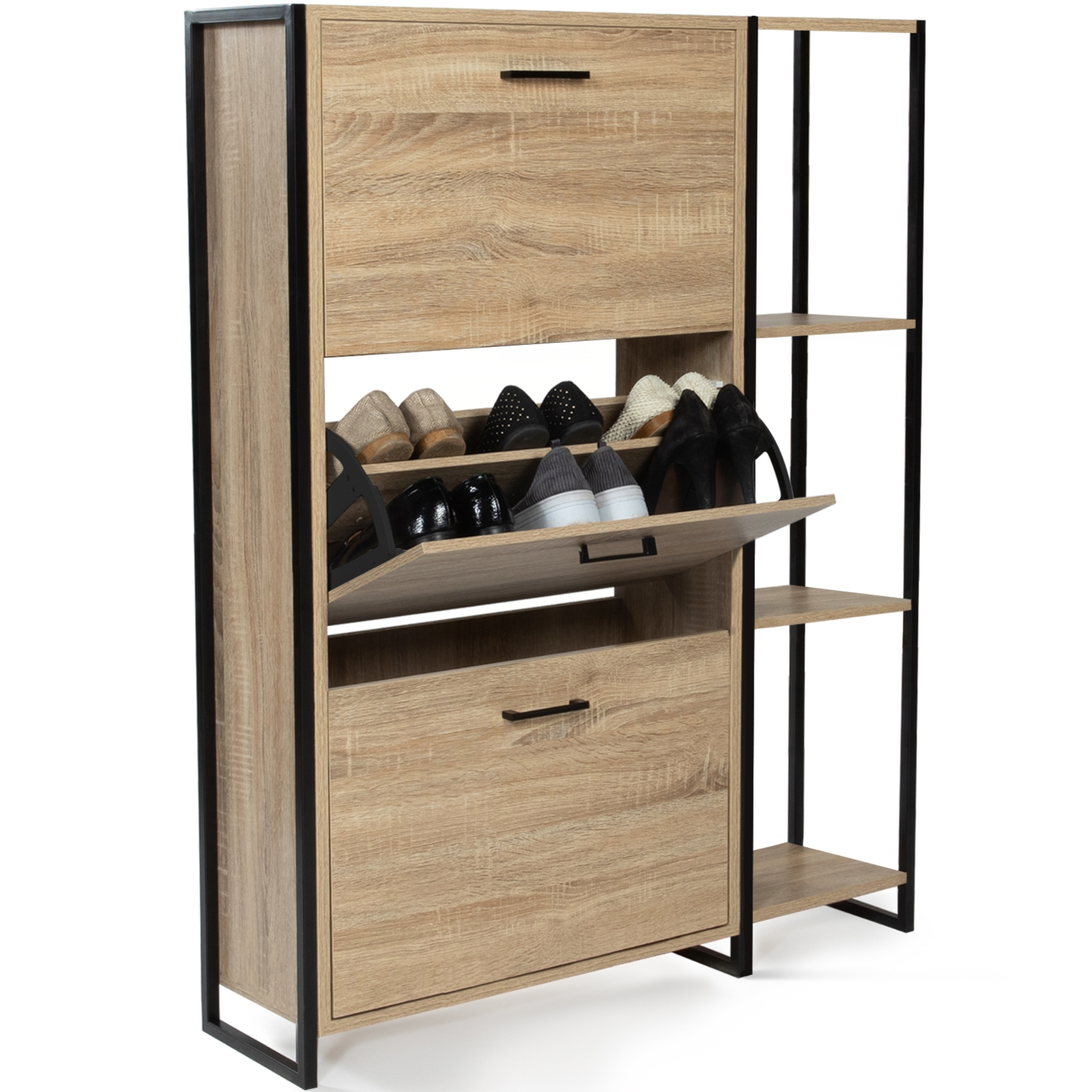 Armoire à chaussures bois imitation hêtre et métal noir