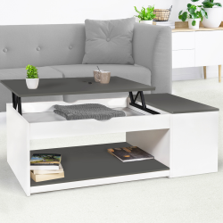 14927 - Tavolino con piano sollevabile e scatola di legno bianca con piano grigio Table basse plateau relevable ELEA avec coffre bois blanc et gris
