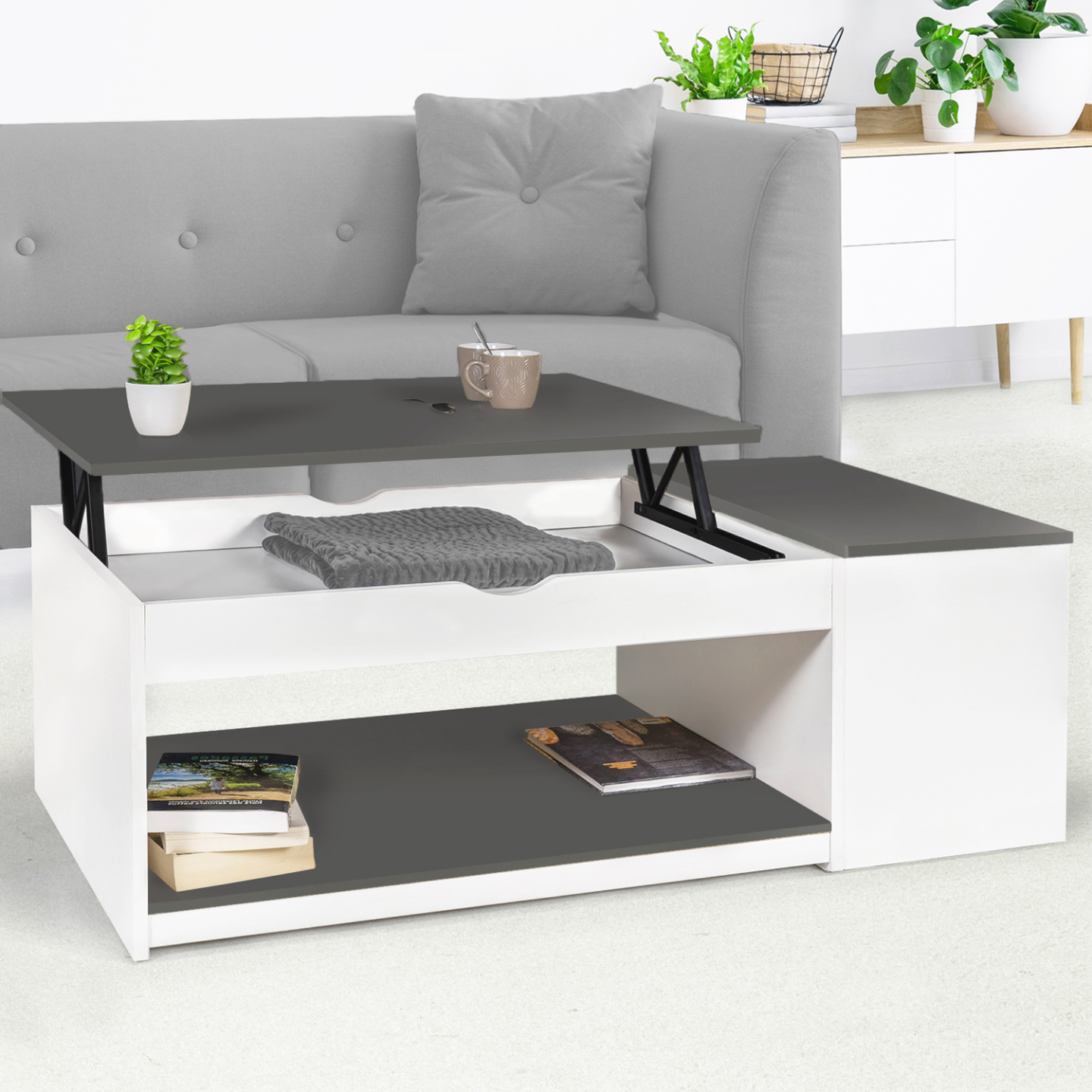 Tavolino Sollevabile 2 Ripiani Con Cassetti – 100x46x50-63,5 Cm, Grigio, Moderno Con Vano Nascosto