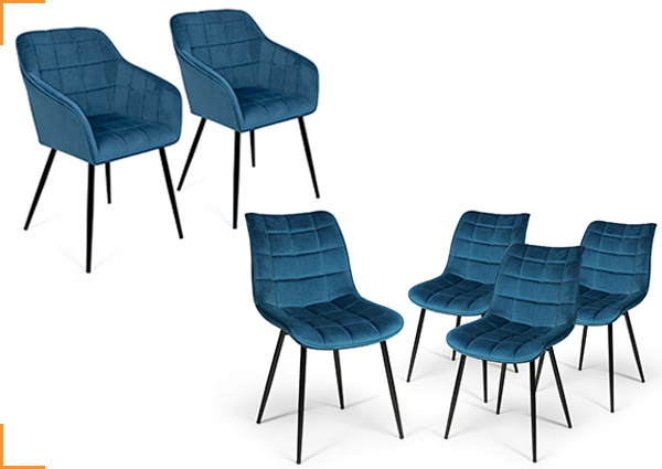 1 LOT DE 4 CHAISES MADY ET 2 CHAISES MADY AVEC ACCOUDOIRS EN VELOURS BLEU