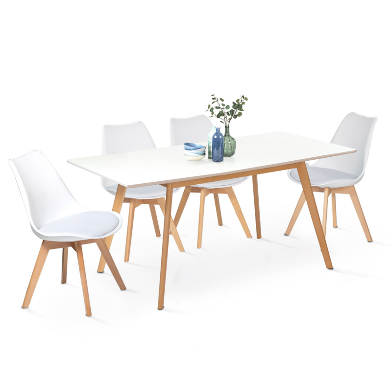 Ensemble table à manger rectangulaire et 4 chaises scandinave bois blanc  pas cher 